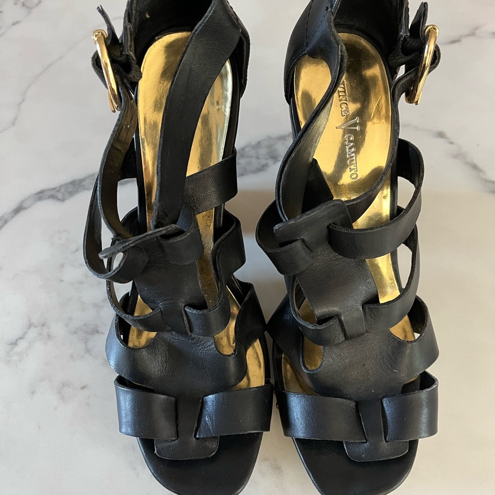 Vince Camuto Black Leather Mules with Gold Studs